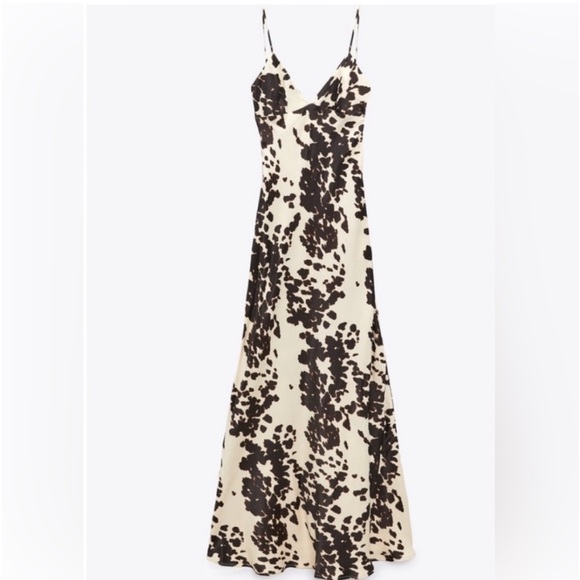 ZARA cow print satin midi long dress silky v neckline satin effect Med - Picture 6 of 6